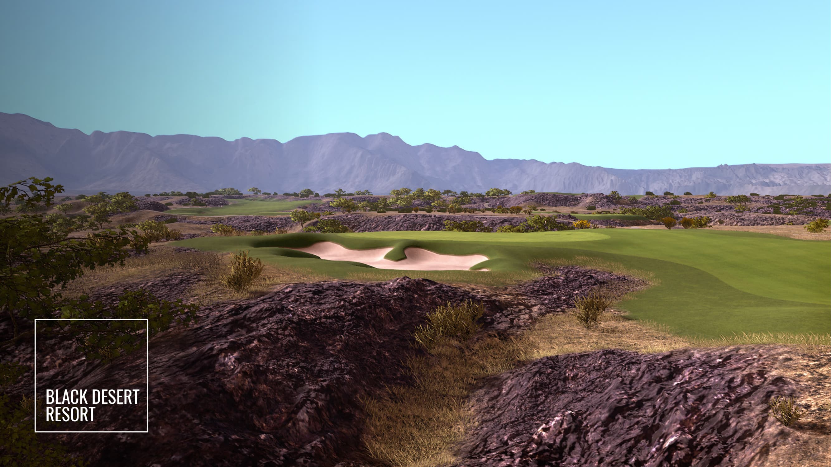Black Desert Resort golf course on a Trackman simulator — desert landscape, fairway, and green