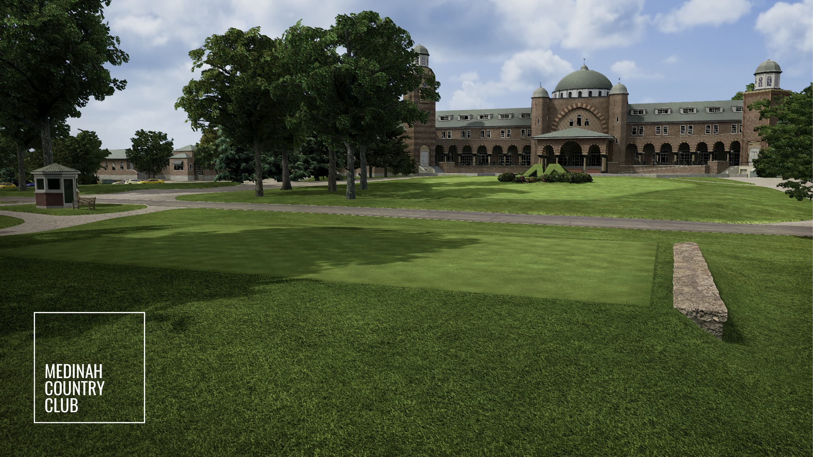 Medinah Country Club golf course on a Trackman simulator — fairway, trees, and green
