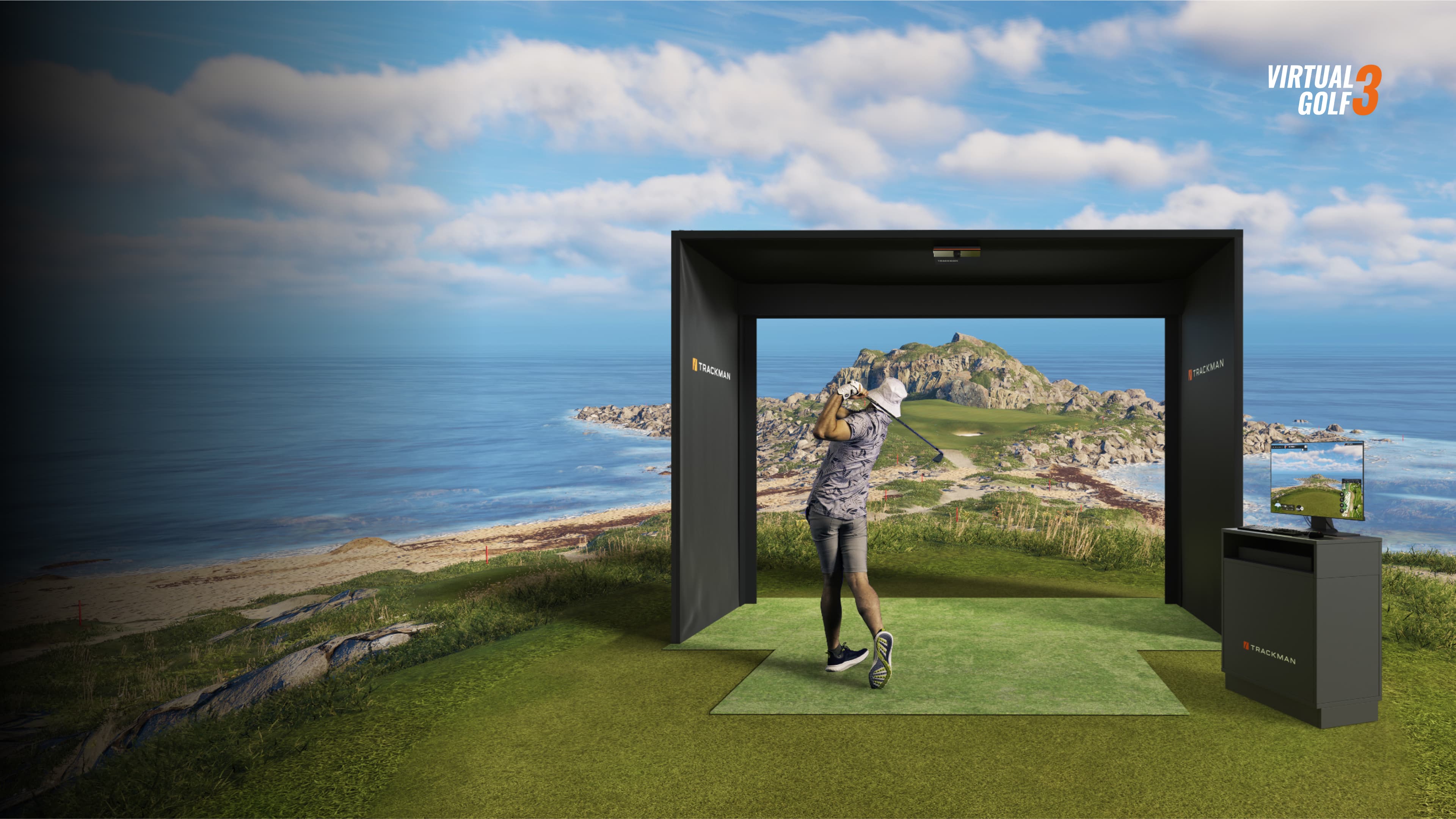 Indoor golf simulator with outdoor course view