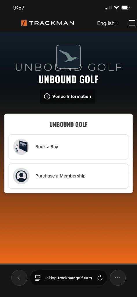 Trackman mobile booking page for Unbound Golf with Book a Bay option