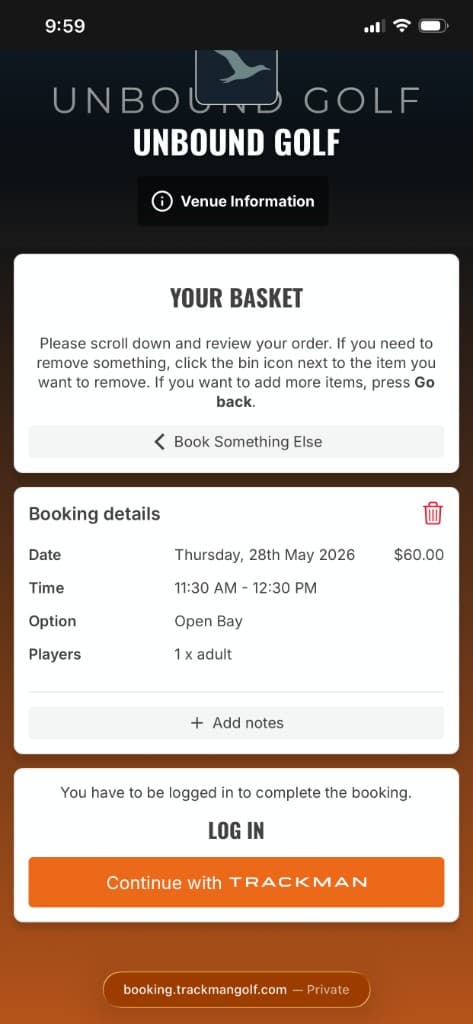 Trackman mobile basket screen prompting the user to continue with Trackman login