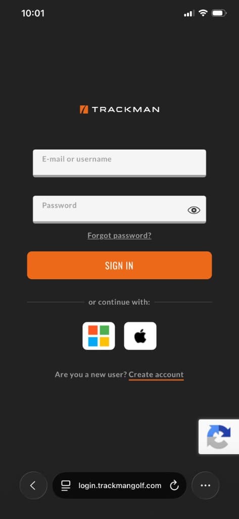 Trackman sign-in screen with a link to create a new account