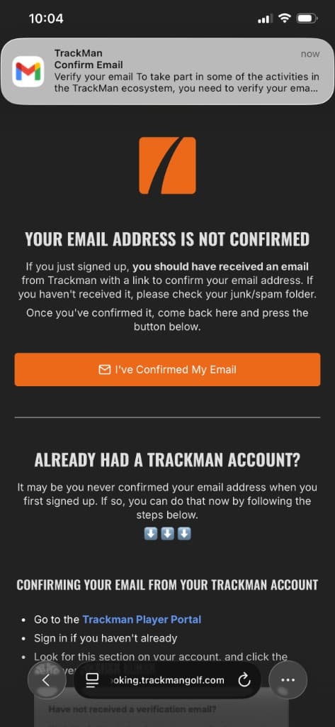 Trackman screen shown when email address is not yet confirmed