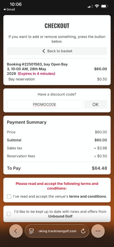 Trackman mobile checkout with promo code field, payment summary, and payment options