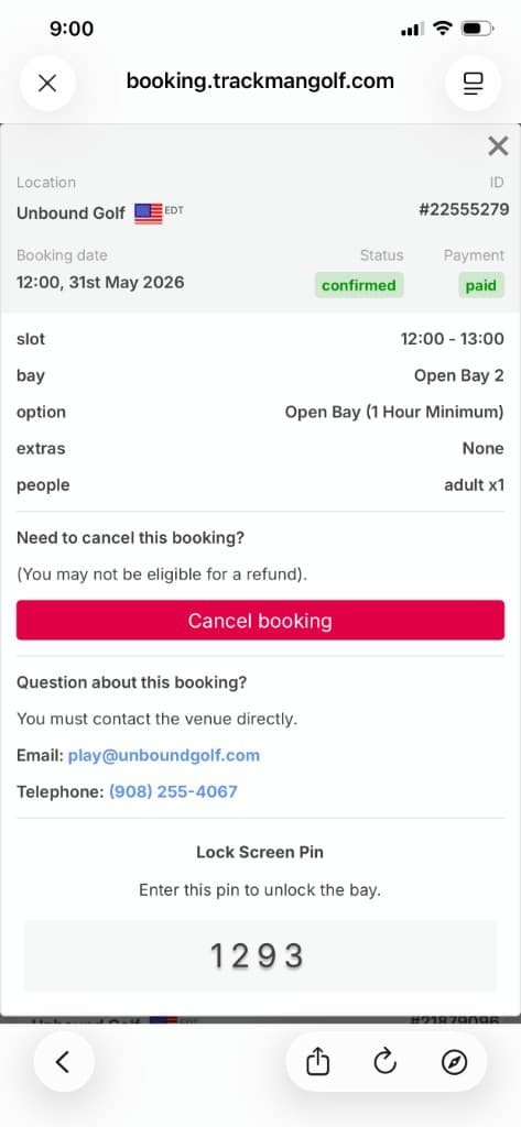 Trackman booking confirmation with Cancel booking button