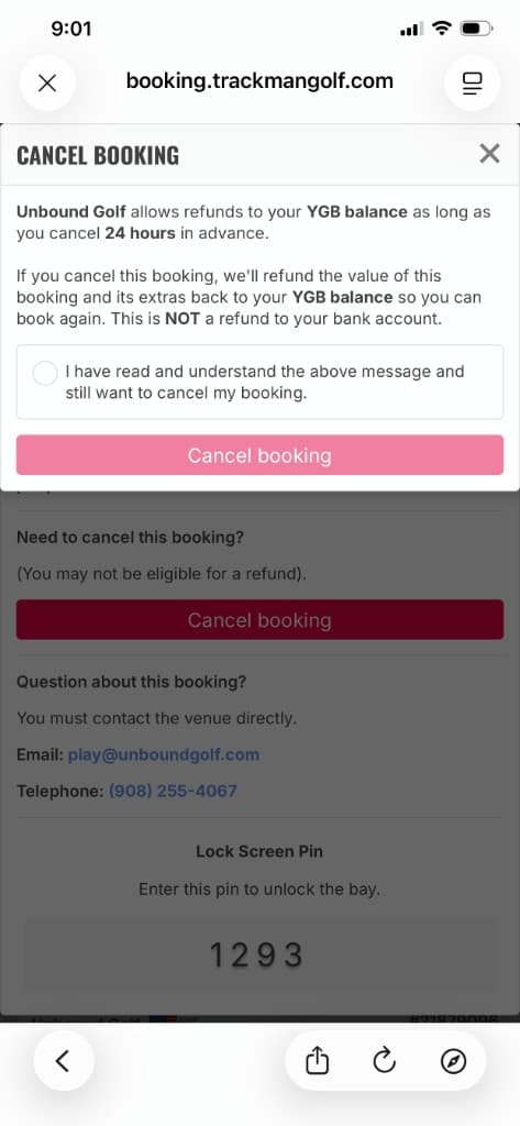 Trackman cancel booking modal explaining YGB balance facility credit refund